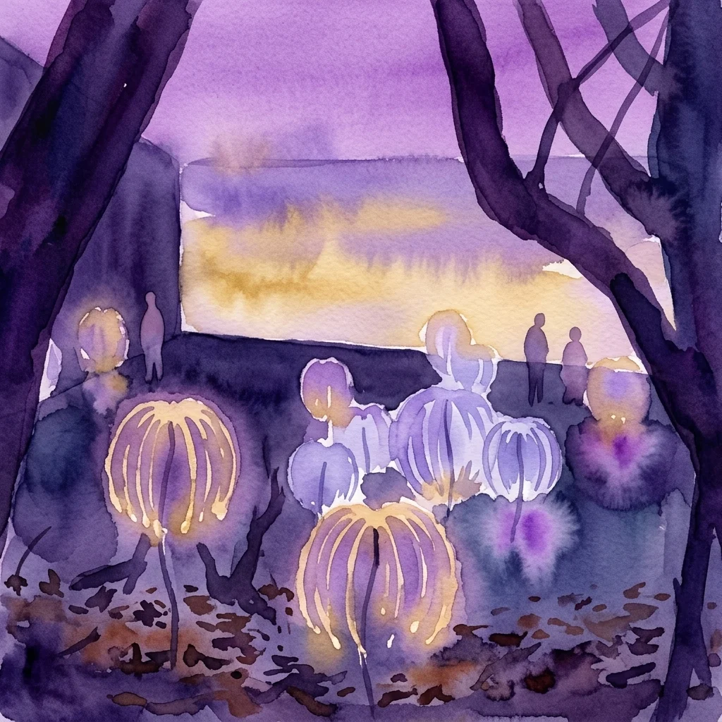 Pintura de acuarela de linternas brillantes con forma de calabaza sobre tallos delgados en un bosque al crepúsculo, con siluetas de árboles y figuras distantes bajo un cielo púrpura y ámbar.