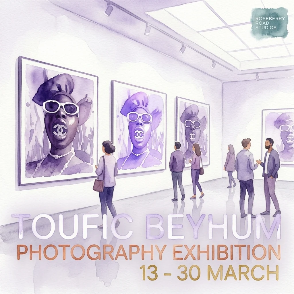 Promotional illustration of the Toufic Beyhum photography exhibition at Roseberry Road Studios, depicting large purple-toned portraits in a bright white gallery with visitors viewing.
