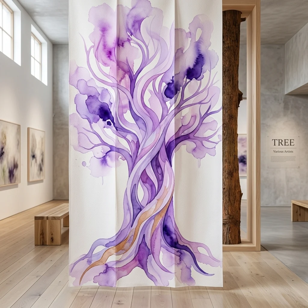Light-filled gallery interior featuring a large hanging purple watercolor tree artwork beside a real tree trunk in a wooden frame, with a 'TREE - Various Artists' wall sign.