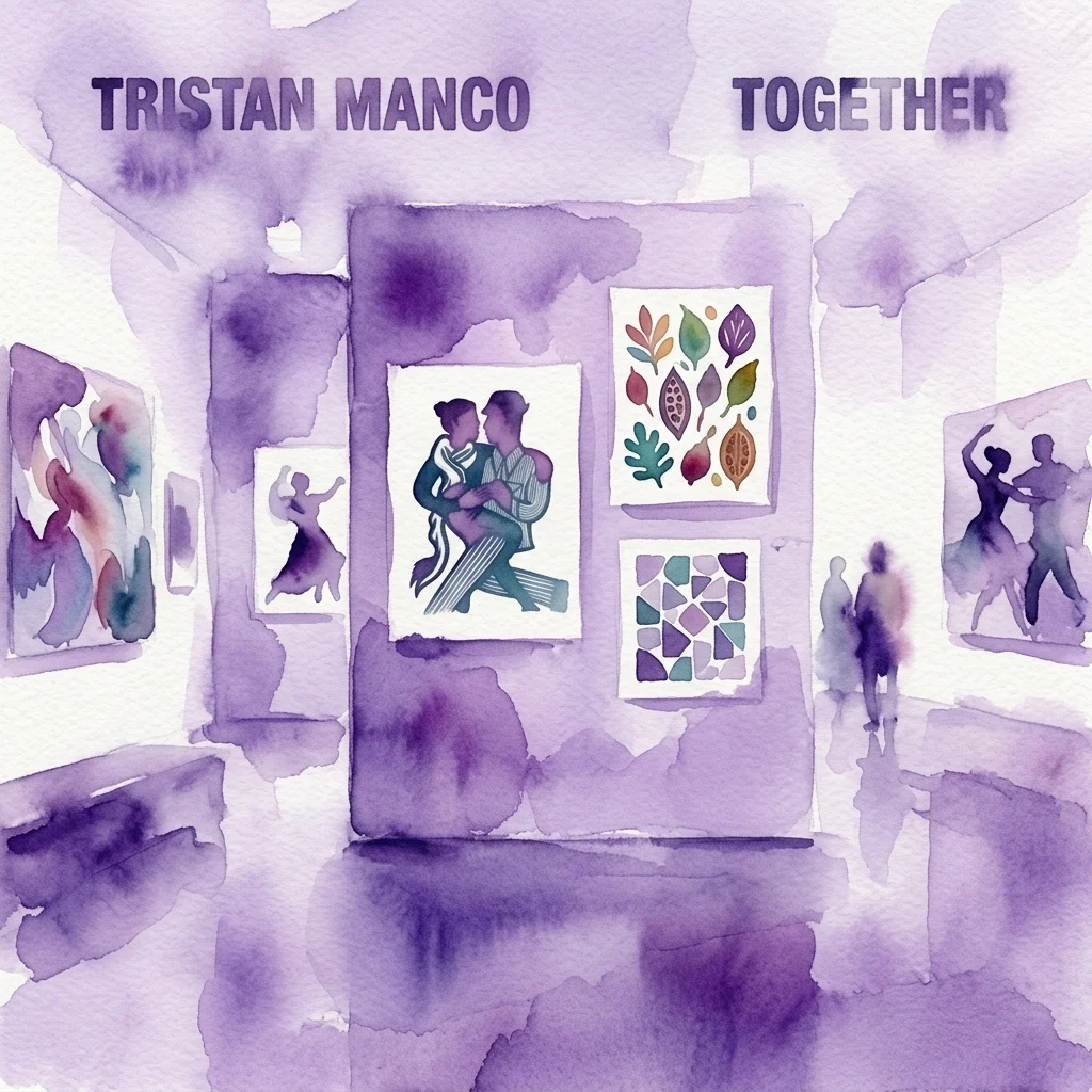 Ilustración en acuarela del interior de la galería para la exposición 'Together' de Tristan Manco, que muestra láminas enmarcadas de figuras danzantes, hojas botánicas y patrones geométricos colgados en paredes de tonos púrpuras.