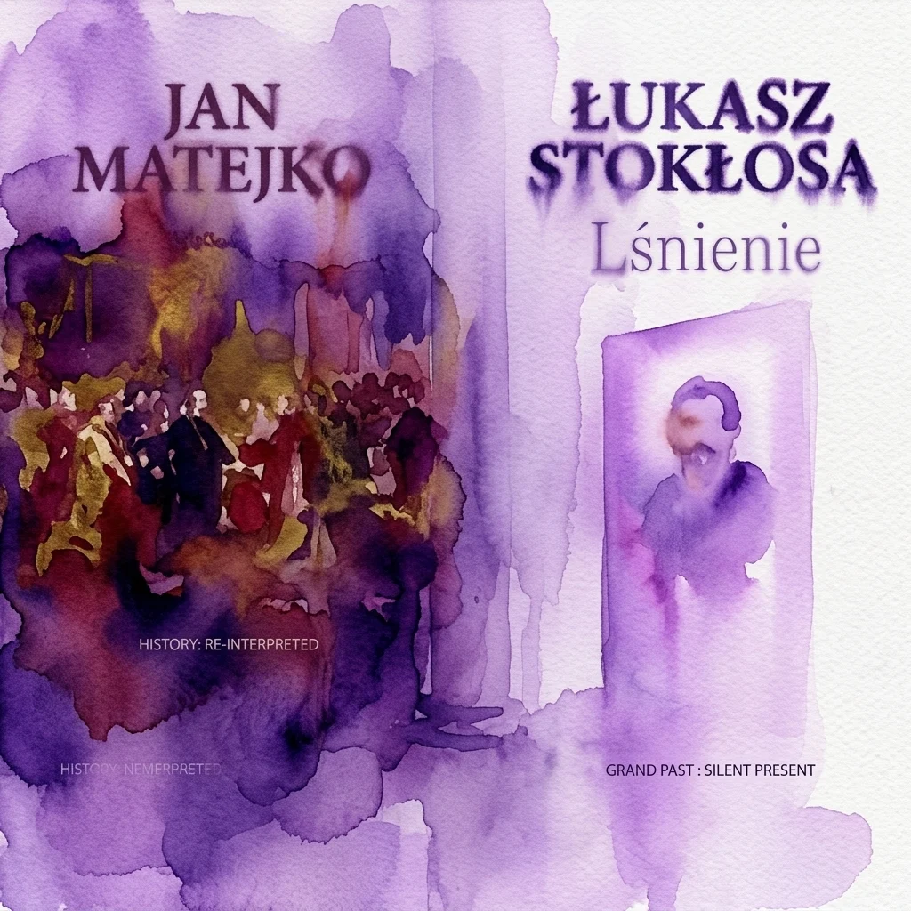 Grafika promocyjna wystawy 'Łukasz Stokłosa. Lśnienie' przedstawiająca akwarelowe ujęcia historycznego obrazu Jana Matejki i współczesnej twórczości Stokłosy, z hasłami podkreślającymi 'Historia: Zinterpretowana na nowo' i 'Wielka Przeszłość: Cicha Obecność'.