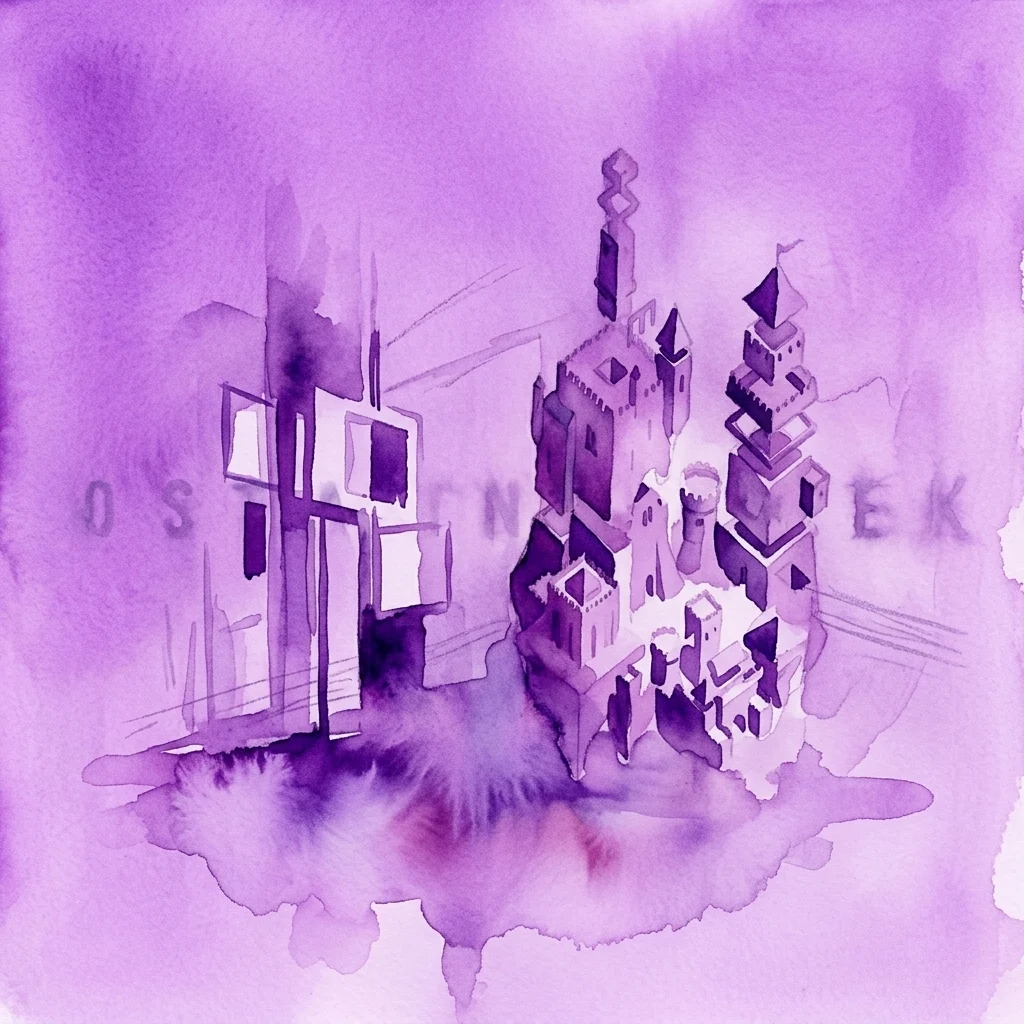 Fioletowa akwarelowa ilustracja fantastycznego zamku z nowoczesnymi elementami architektonicznymi, reprezentująca koncepcję 'zamczystości' w polskiej kulturze.
