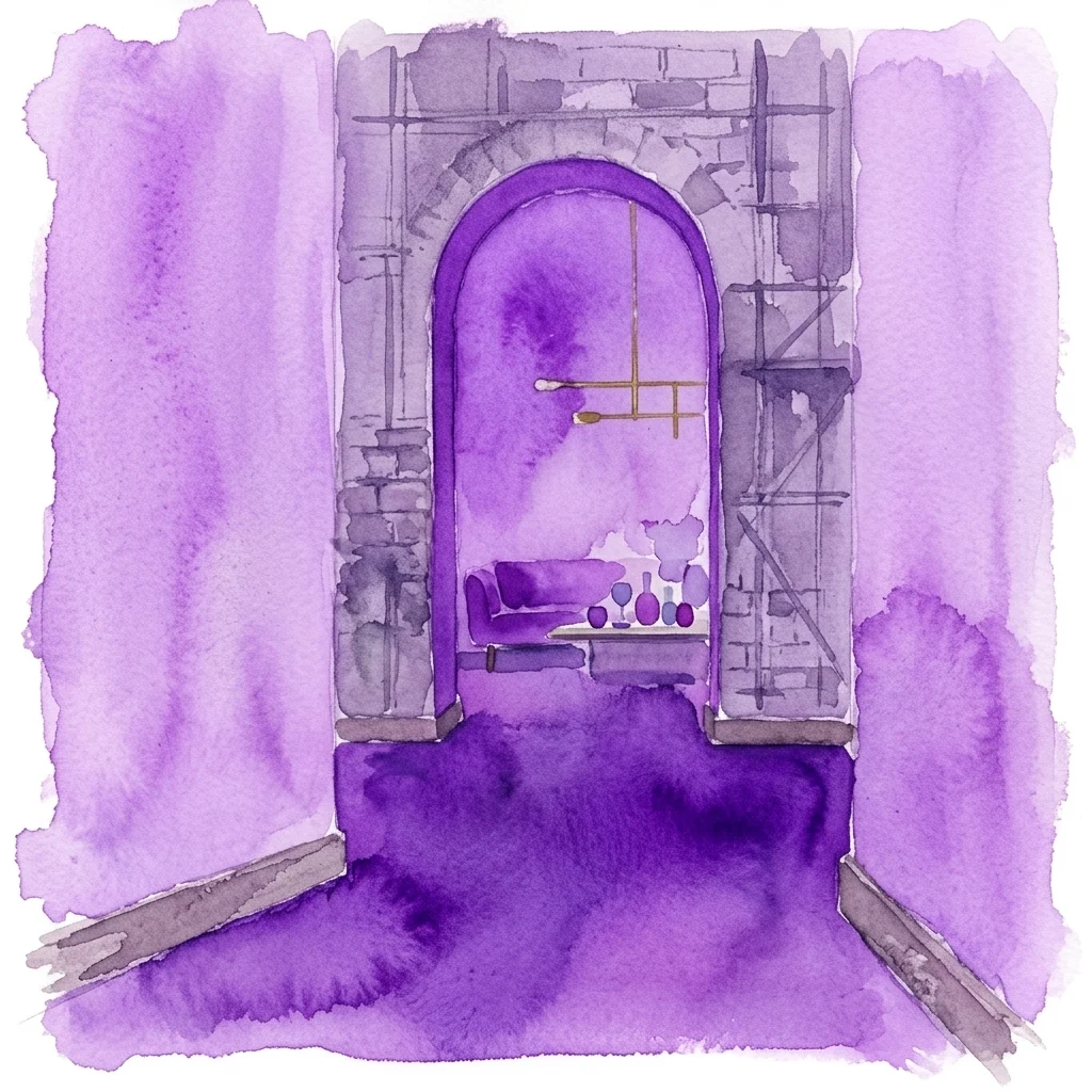Fioletowa akwarelowa ilustracja łukowej wnęki we wnętrzu zamku, z eleganckimi meblami widocznymi pod okazałym zaokrąglonym otworem drzwiowym i rusztowaniami sugerującymi niedokończony remont.