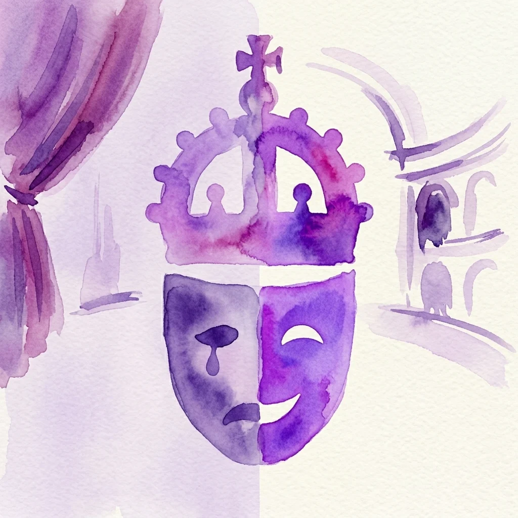 Ilustracja akwarelowa przedstawiająca podzieloną maskę teatralną z koroną, symbolizującą motywy dramatu i monarchii z opery 'Wielka gra' Władysława IV na Zamku Królewskim w Warszawie.