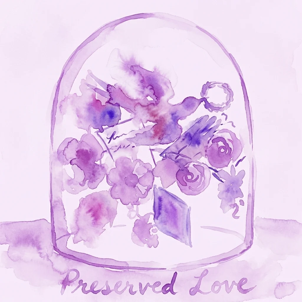 Ilustracja akwarelowa szklanej kopuły zawierającej kwiaty, pierścionek i list, z napisem „Preserved Love” poniżej, przywołująca motyw pielęgnowanej miłości i historii.