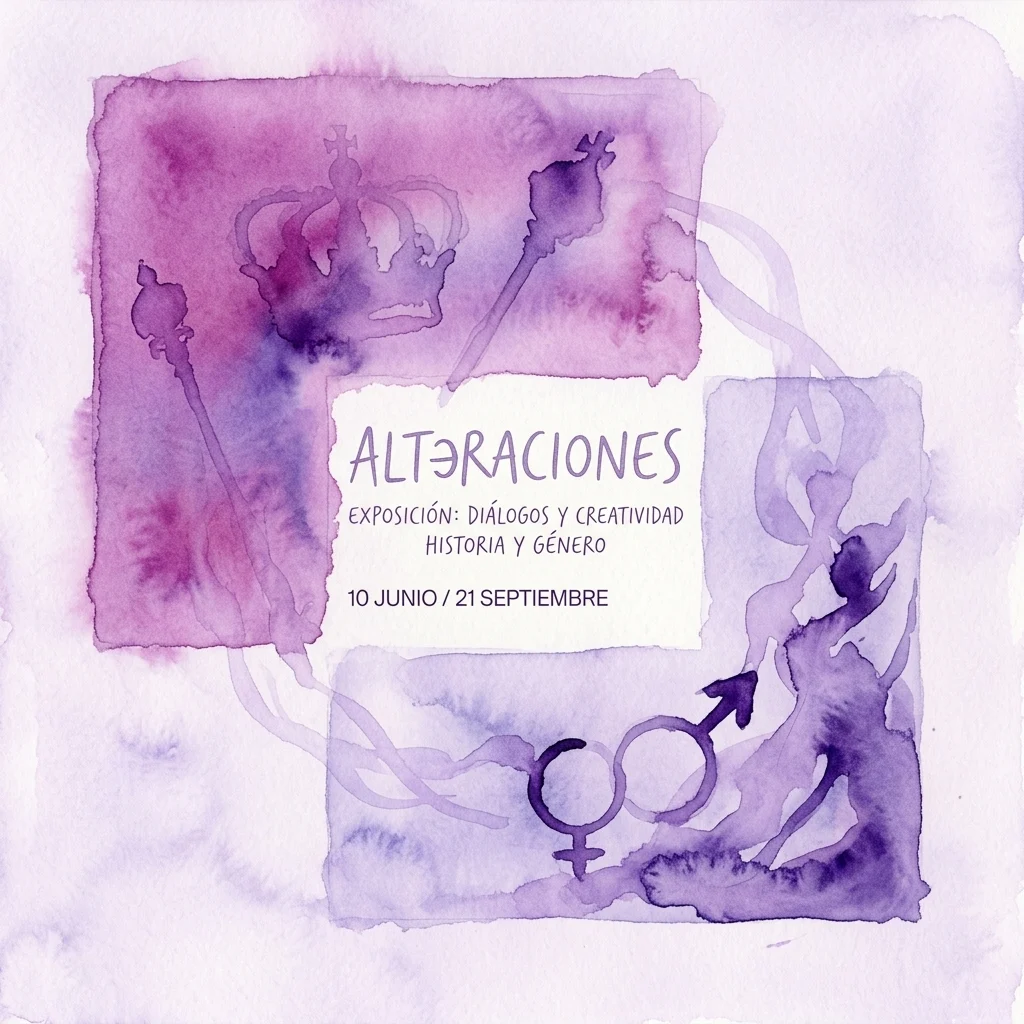 Póster de acuarela para la exposición 'Alteraciones: Diálogos y Creatividad Historia y Género' con una corona, un cetro y símbolos de género en tonos morados, del 10 de junio al 21 de septiembre.