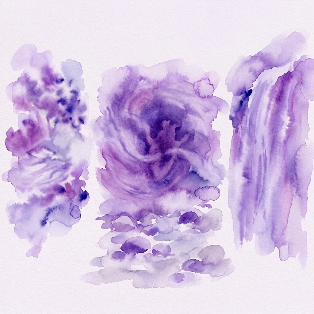 Obra de arte abstracta en acuarela en tonos púrpuras y lavanda, que representa formas fluidas que sugieren arroyos, bosques y torrentes, evocando paisajes naturales e intervención humana.