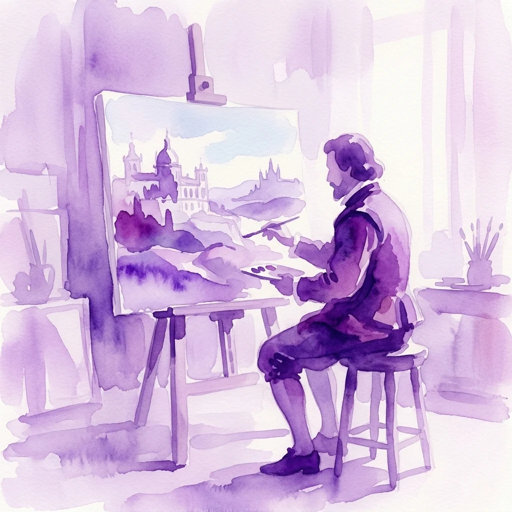 Una ilustración en acuarela de Fernando Brambila pintando un paisaje de un palacio real en su estudio, reflejando su papel como pintor de los Sitios Reales.