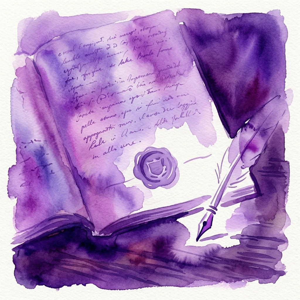 Una ilustración en acuarela de un documento histórico con escritura cursiva, un sello de cera y una pluma de ave, que evoca el trabajo académico del siglo XVII.