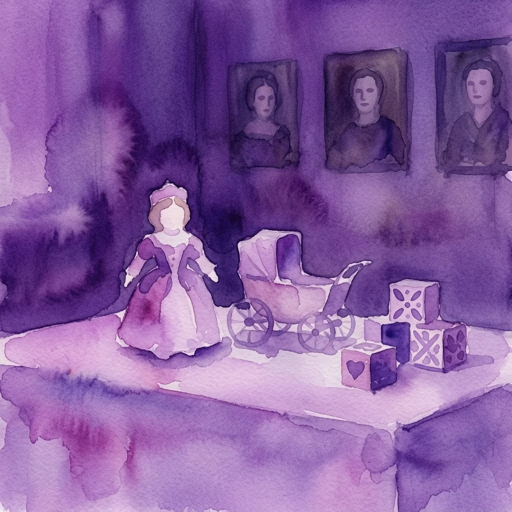 Ilustracja akwarelowa zabytkowych królewskich zabawek, w tym lalki, karocy i klocków, wystawiona na stole z portretami w tle, przywołująca dzieciństwo hiszpańskiej rodziny królewskiej.