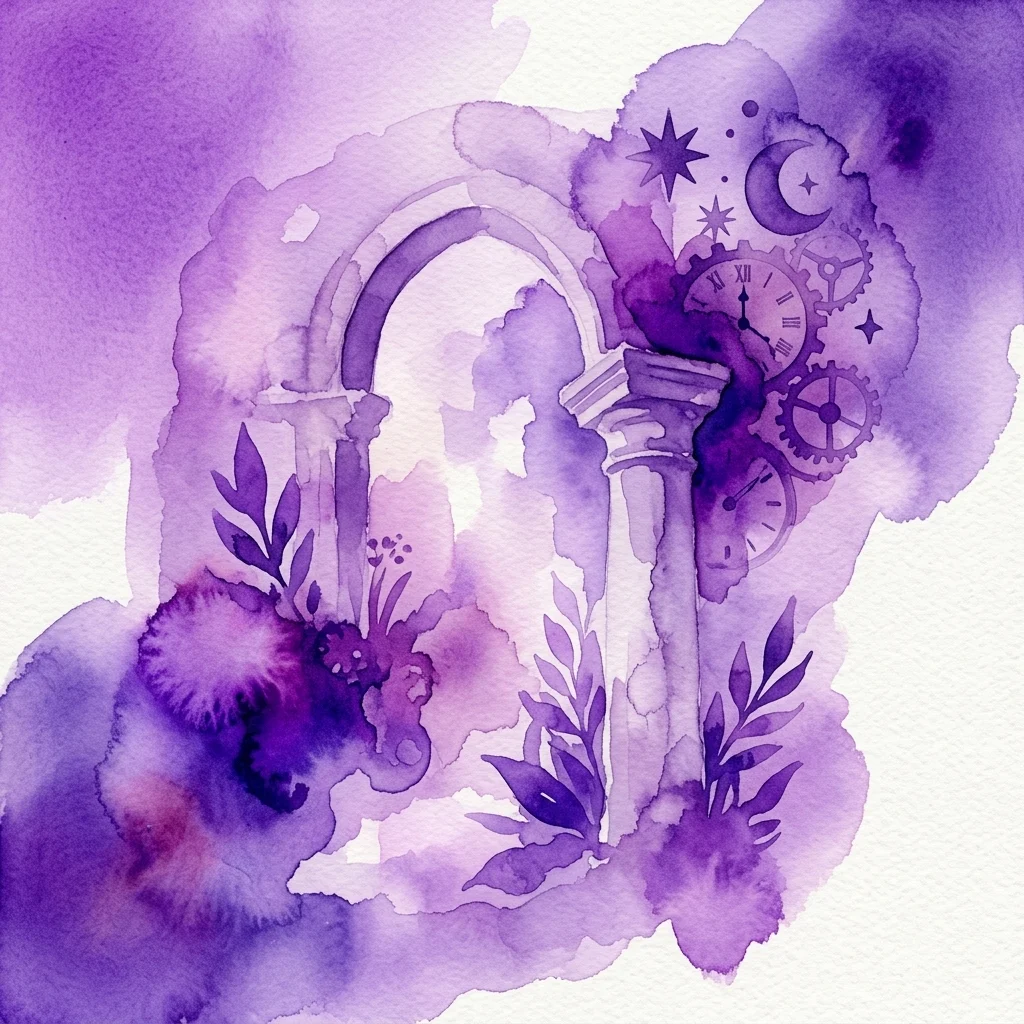 Una ilustración en acuarela morada que presenta una puerta arqueada, columnas, plantas, engranajes, relojes y símbolos celestes, representando la exposición 'The Hours of Sunlight' de Bleda y Rosa en el Monasterio de San Jerónimo de Yuste.
