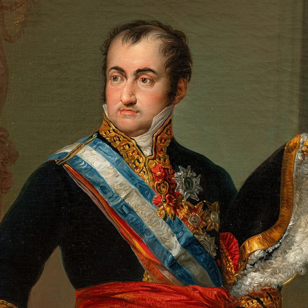 formalny portret mężczyzny w historycznym stroju królewskim z niebiesko-białą szarfą i medalami
