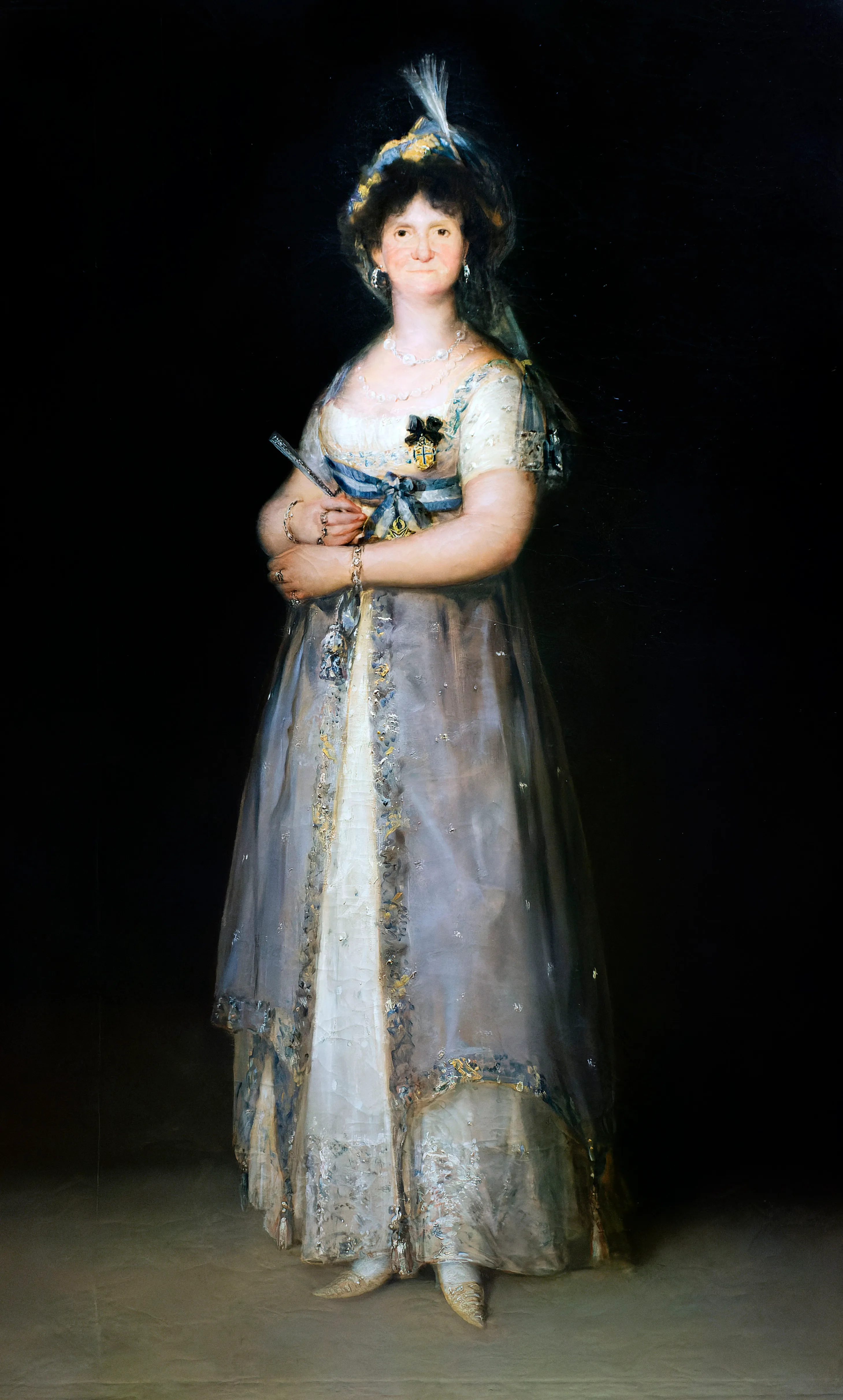 Portret kobiety w wyszukanej sukni z XVIII wieku z ozdobą głowy z piór