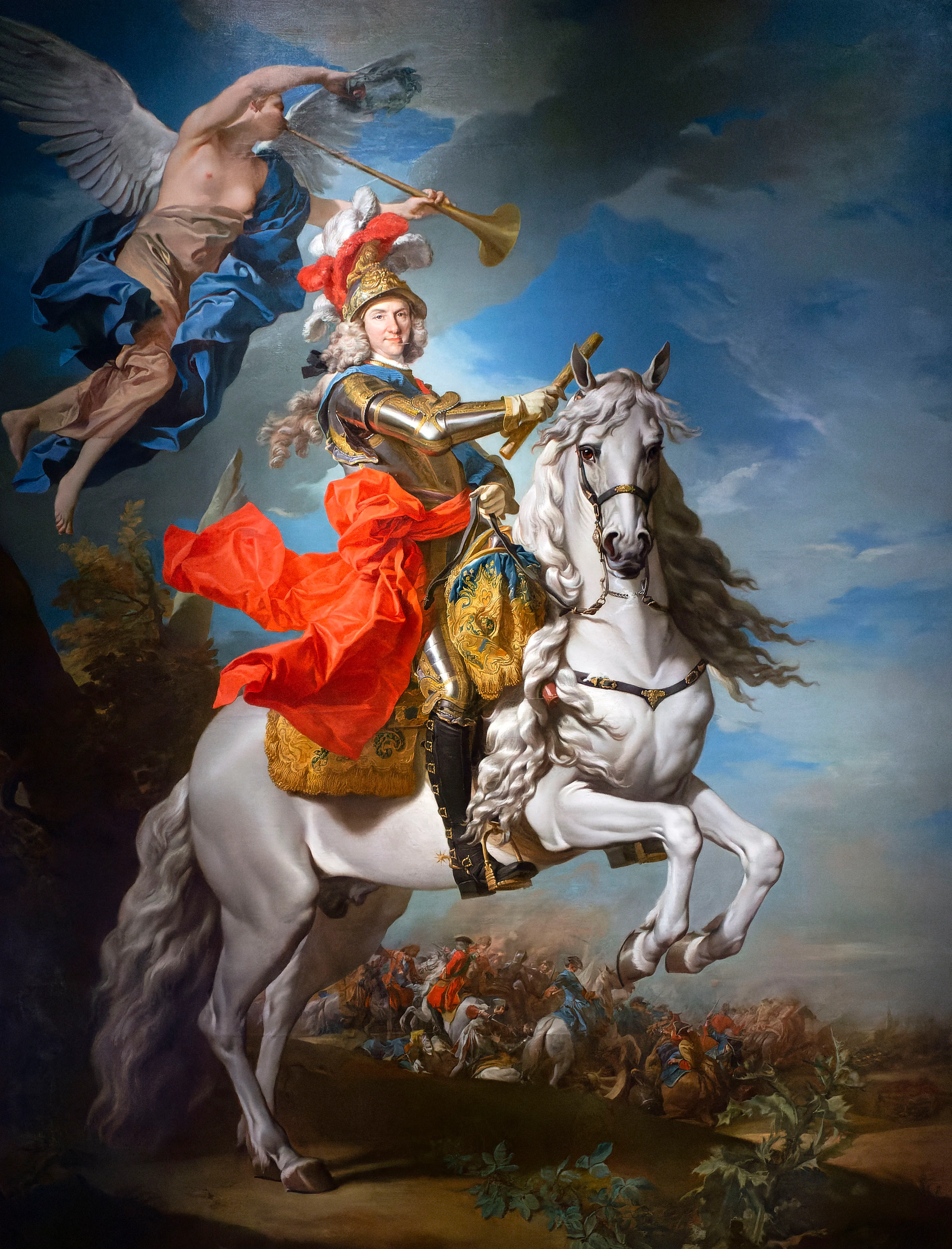 Obraz monarchy na białym koniu, w złotej zbroi i czerwonej szarfie, z aniołem dmącym w róg ponad nim, na tle pochmurnego nieba.