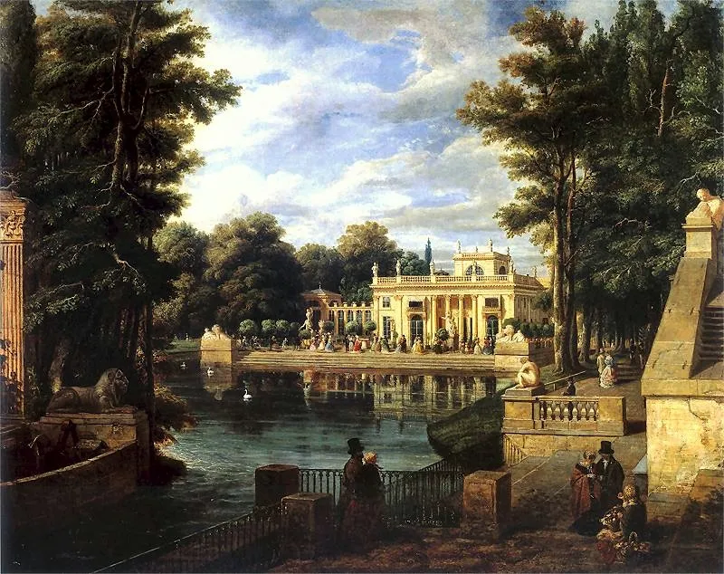 Een schilderij van het Paleis op het Eiland in het Koninklijk Park Łazienki, omringd door bomen en een meer met mensen op de voorgrond