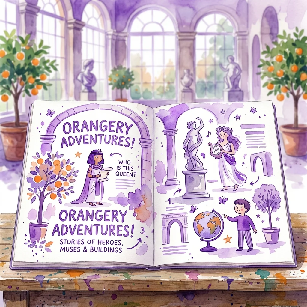 Otwarta, interaktywna książka dla dzieci pod tytułem 'Orangery Adventures!' zawierająca ilustracje królowej, muz, rzeźb i drzew pomarańczowych w Starej Oranżerii w Łazienkach Królewskich.