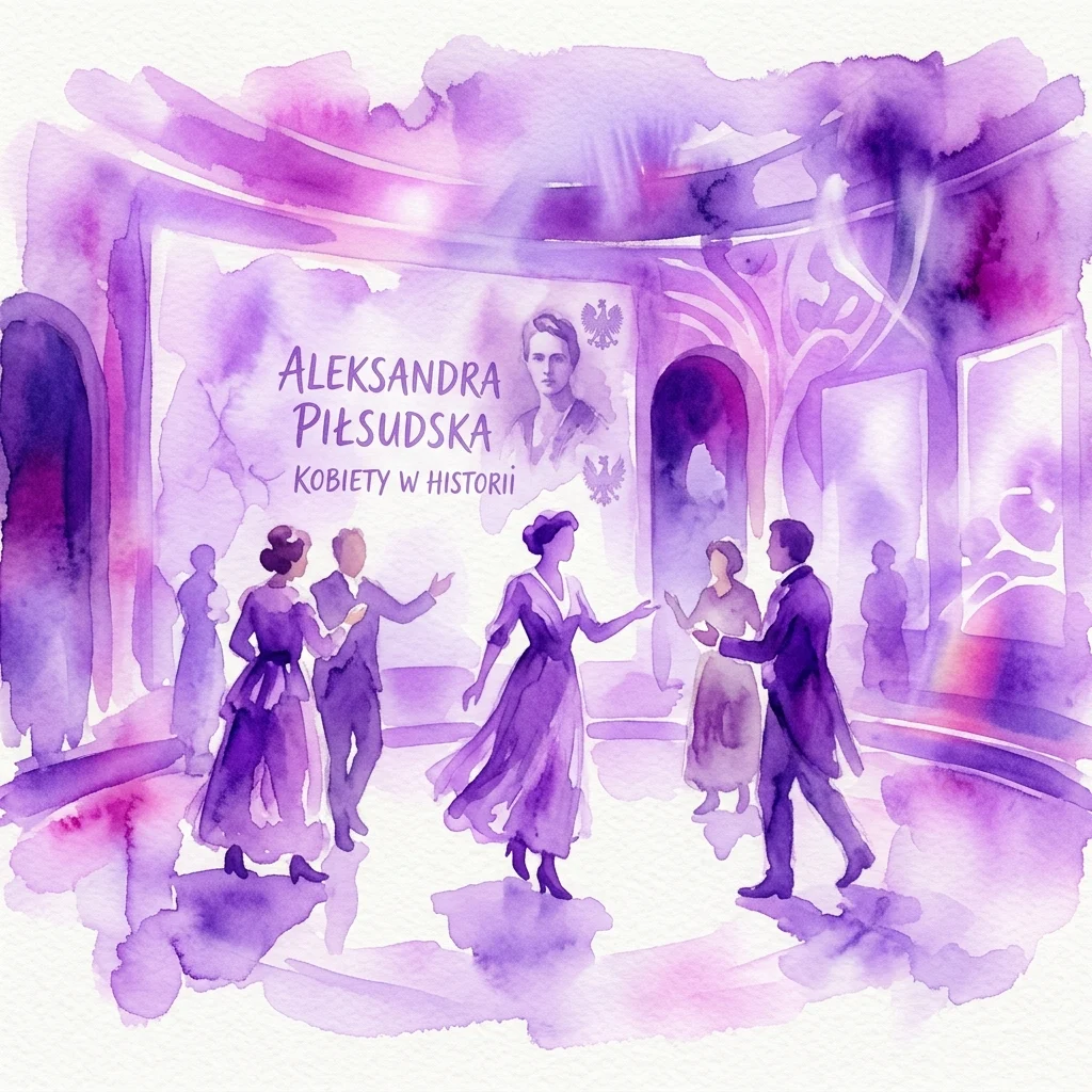 Watercolor illustration of a theatrical workshop featuring people in period costumes, with a portrait of Aleksandra Piłsudska and the text 'Kobiety w historii' (Women in History) in a purple-toned room.