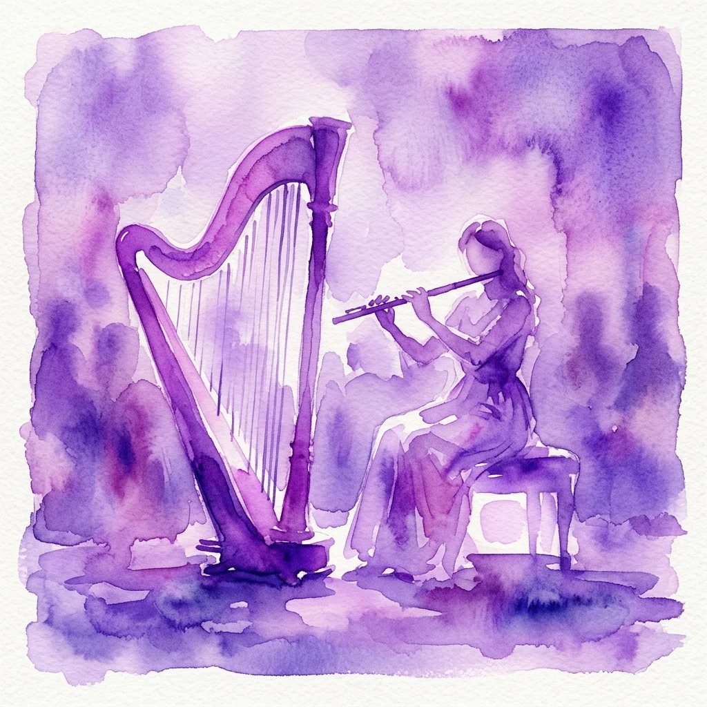 A watercolor illustration of a harpist and flutist performing together in a serene purple-hued setting, representing the 'Strefa Ciszy' festival at Royal Łazienki Museum.