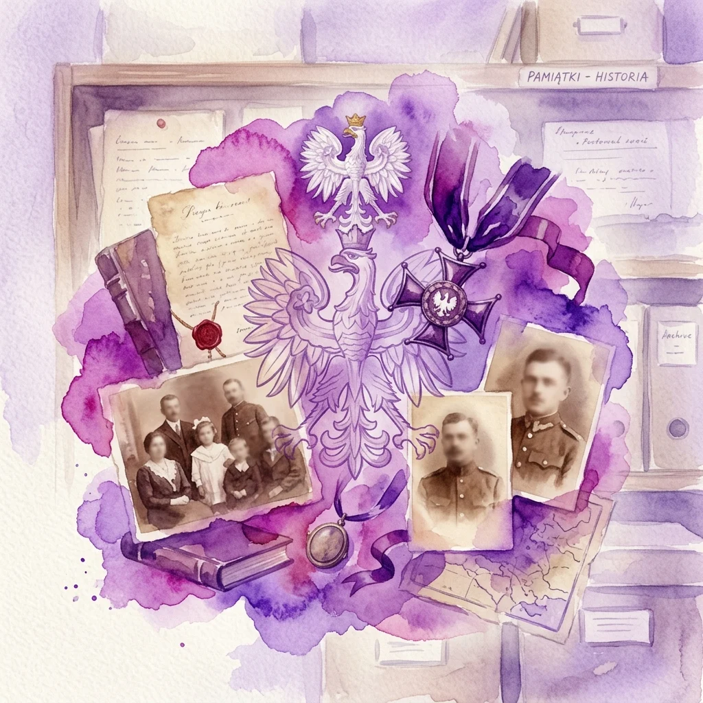 Ilustracja akwarelowa historycznych polskich artefaktów, w tym medali, starych fotografii, dokumentów i polskiego orła, zaaranżowana w ustawieniu archiwalnym na potrzeby kampanii „Odznaczeni - historie zapamiętane”.