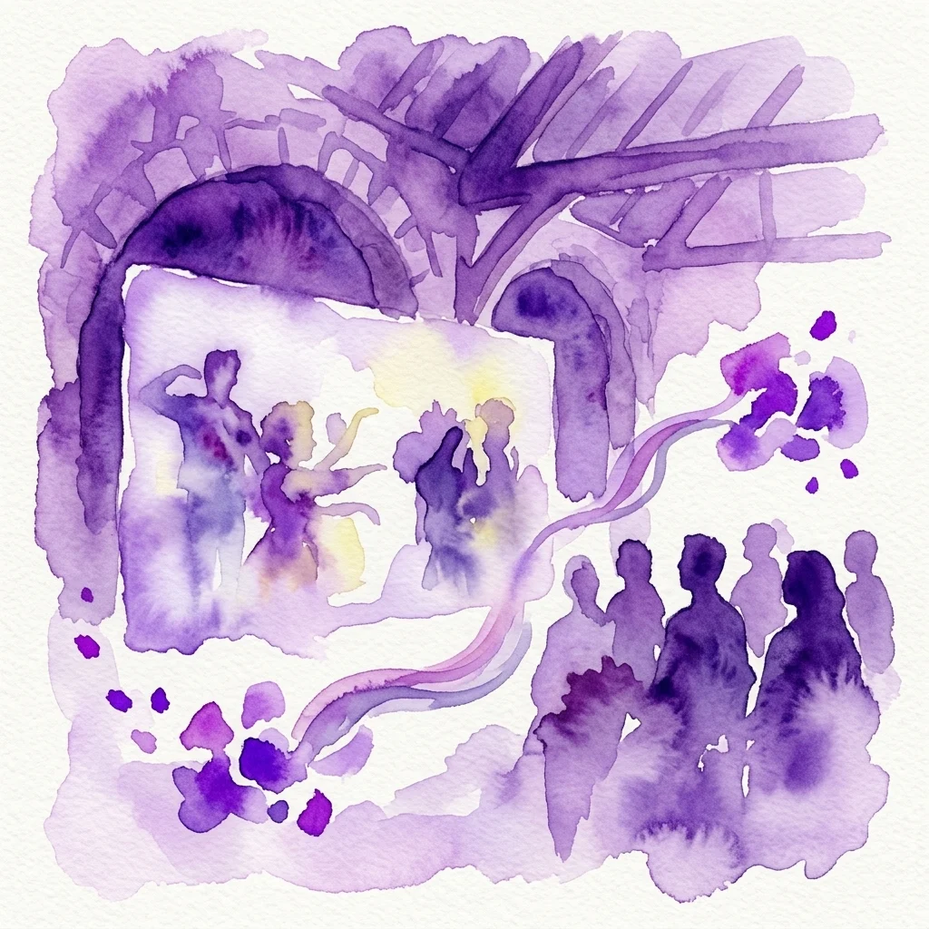 Een aquarelillustratie in paarse tinten die een filmvertoning weergeeft, met silhouetten van een publiek dat naar een projectie van artiesten op een scherm kijkt, wat het 'Akcja Projekcja'-evenement in Łazienki Królewskie voorstelt.