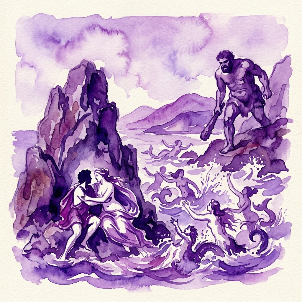 A purple-toned watercolor illustration of the mythological scene Akis and Galatea, depicting the sea nymph Galatea embracing the shepherd Akis on a rocky shore, with sea deities and waves in the background.