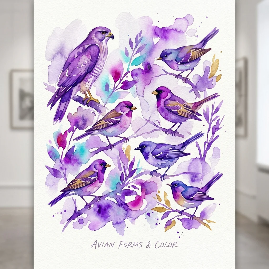 Aquarel van kleurrijke vogels in paarse en blauwe tinten, geïnspireerd op wetenschappelijke illustraties, tentoongesteld in een galerie.