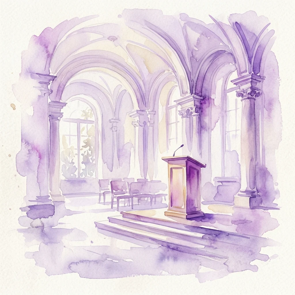 Ilustracja Pałacu na Wyspie wykonana akwarelą, przedstawiająca podium i strefę siedzącą pod łukowatymi sufitami, używana podczas wydarzeń literackich.