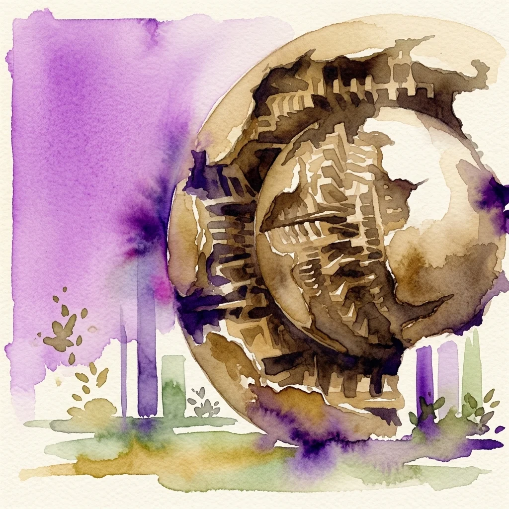 Ilustración en acuarela de 'Sfera con sfera' de Arnaldo Pomodoro, una escultura esférica monumental con intrincadas estructuras internas, ubicada en un jardín moderno con tonos púrpuras y verdes.