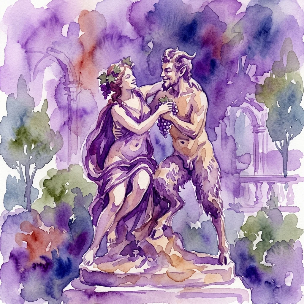 Ilustracja akwarelowa Bachantki obejmującej Fauna, któremu Faun podaje kiść winogron, w ogrodzie w odcieniach fioletu i zieleni.