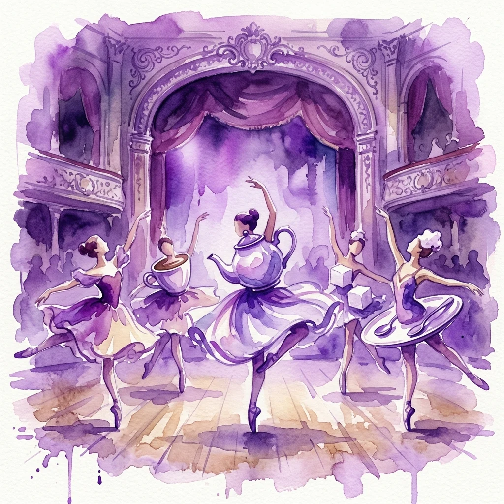 A watercolor illustration of a whimsical ballet performance in a historic theatre, featuring dancers in costumes shaped like coffee cups, a teapot, and saucers, set against a purple-hued stage backdrop.