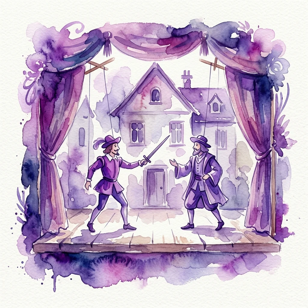 Watercolor illustration of a puppet theater performance featuring two male puppets in 18th-century attire, one holding a sword, on a stage with purple curtains and a house backdrop.