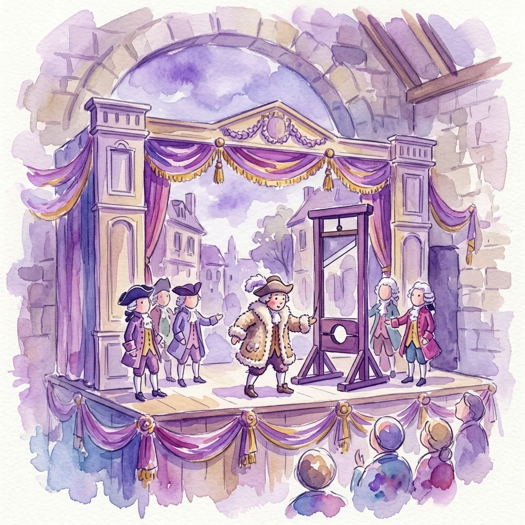 Una ilustración en acuarela de una escena de teatro de títeres que representa figuras del siglo XVIII en el escenario con una guillotina, representando la actuación de títeres 'Barani Kożuszek' en el Parque Real de Baños.