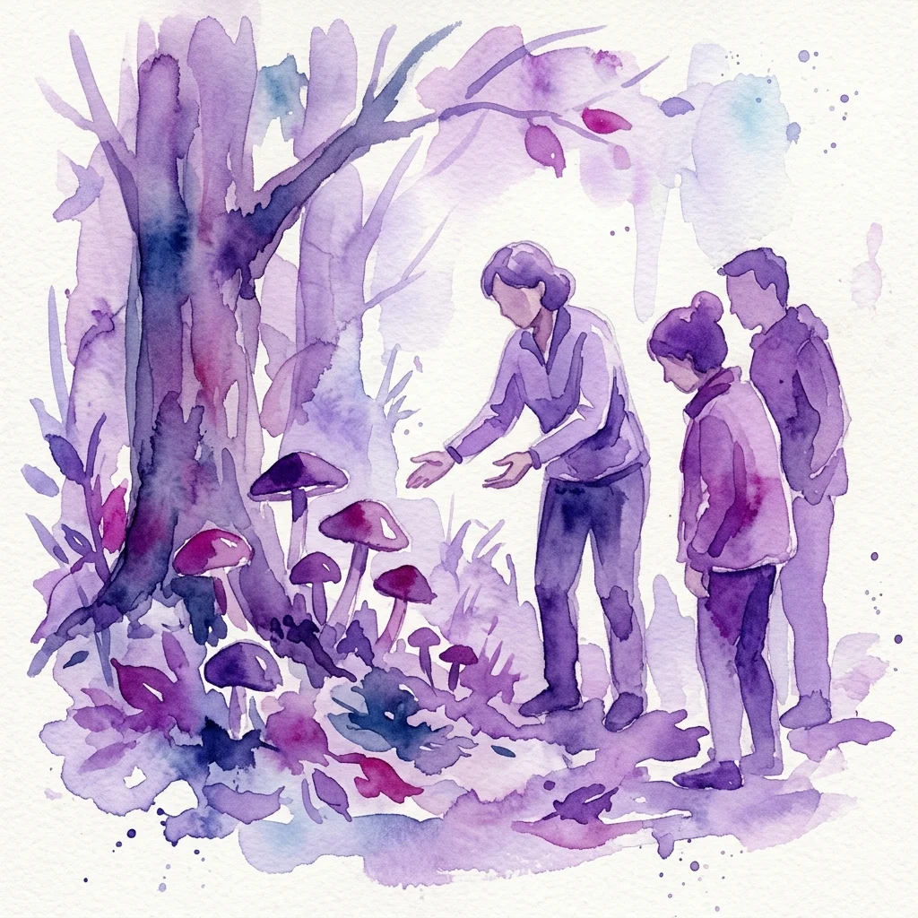 Una ilustración en acuarela de un paseo guiado por un parque, donde una persona señala setas que crecen cerca de un árbol mientras otras dos observan, enfatizando la exploración educativa de los hongos.