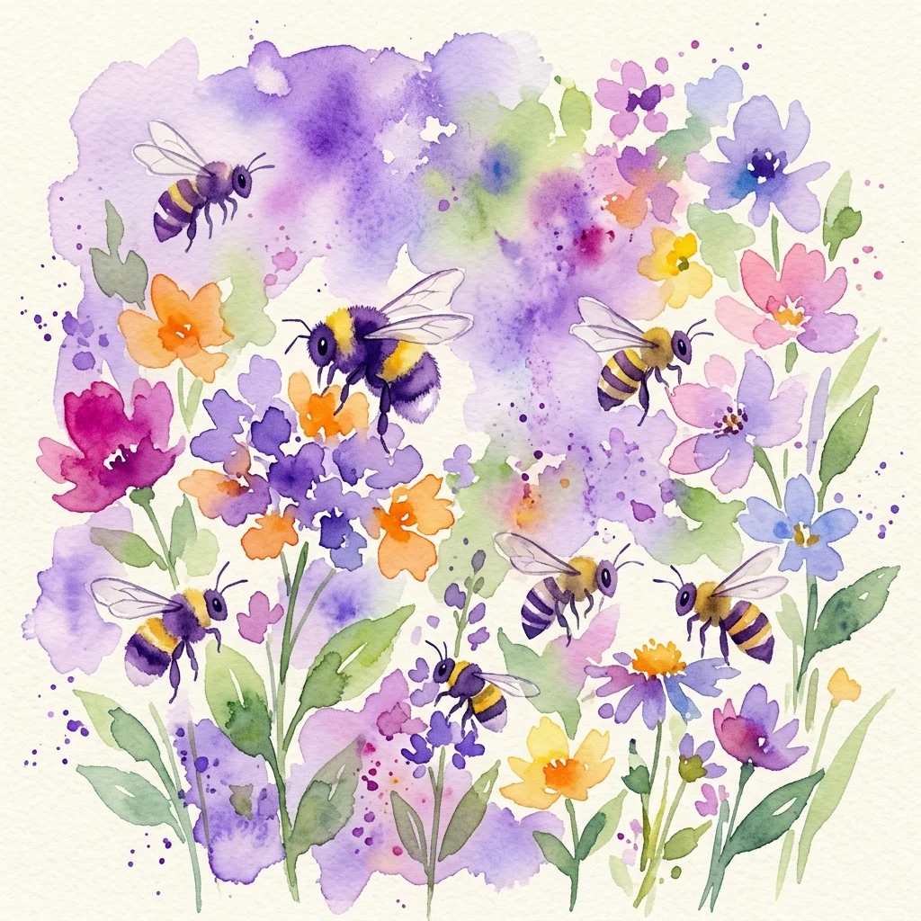 Ilustracja akwarelowa dzikich pszczół i trzmieli zapylających kolorowe kwiaty w tętniącym życiem ogrodzie, reprezentująca naturalną różnorodność zapylaczy w Polsce.