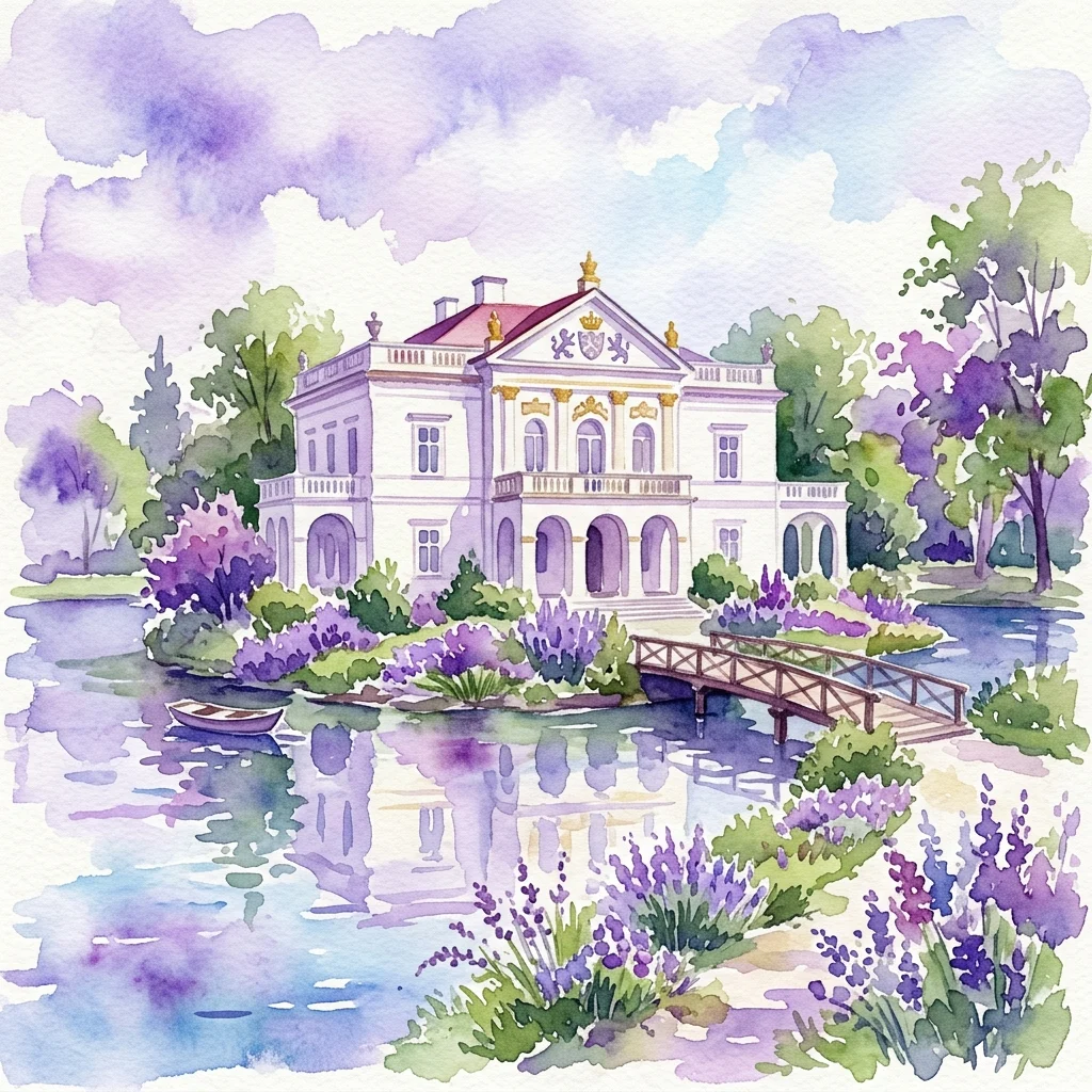 Watercolor illustration of the White House at Royal Łazienki, a neoclassical palace on an island surrounded by water and purple flowers, with a wooden bridge leading to its entrance.