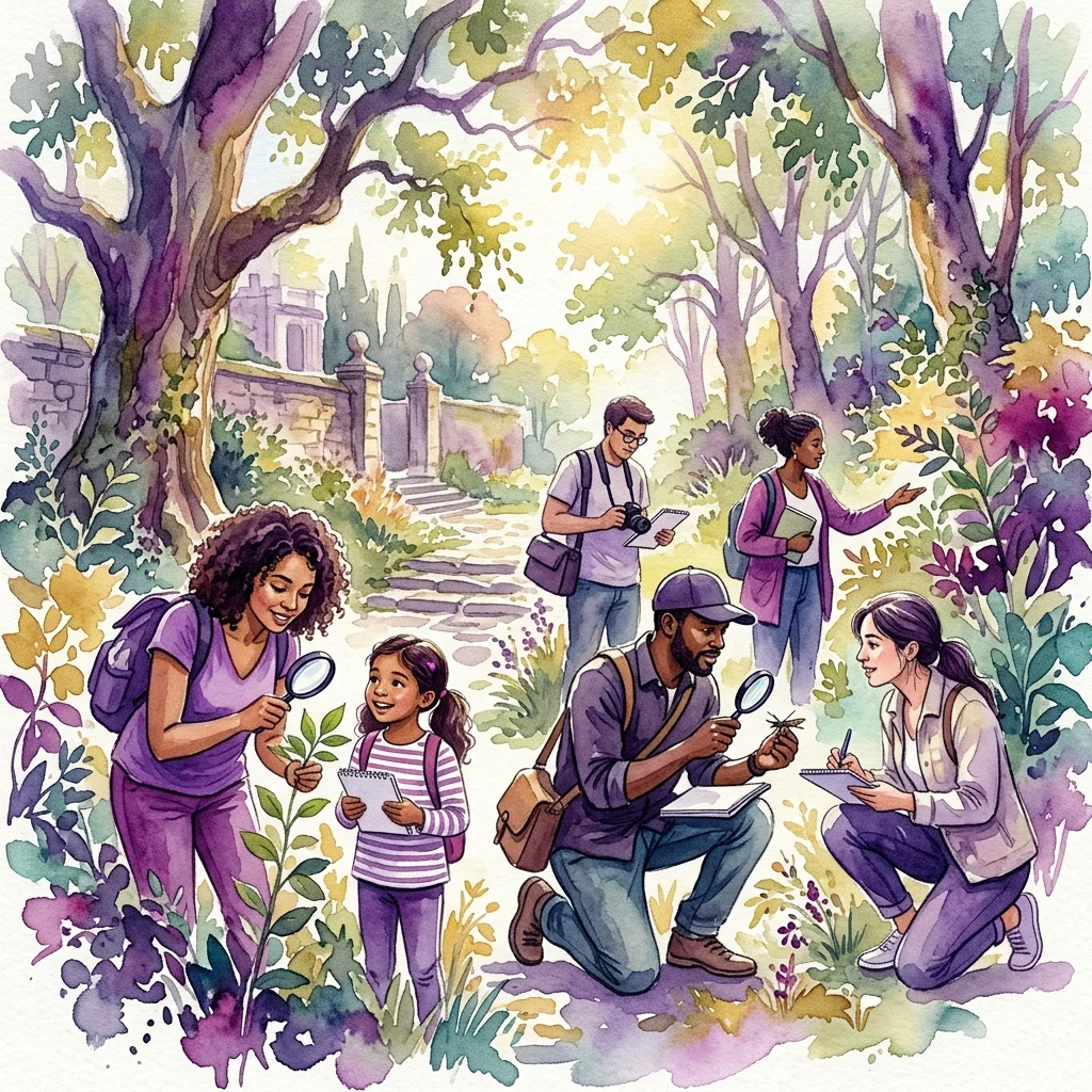 A diverse group of adults and children participating in a nature survey in Royal Łazienki Park, using magnifying glasses and notebooks to observe plants and insects under dappled sunlight.
