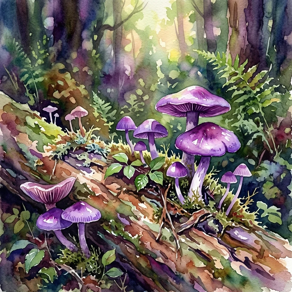 A watercolor painting of purple mushrooms growing on a decaying log in a lush forest, with dappled sunlight filtering through the trees.