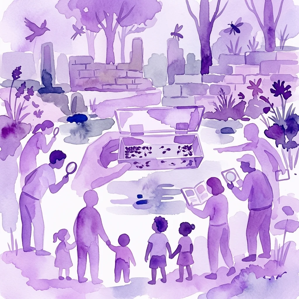 Una ilustración en acuarela de personas diversas, incluidas familias y expertos, que participan en un estudio de la naturaleza BioBlitz en el Parque Real Łazienki, utilizando lupas y guías de campo para observar la flora y fauna locales.