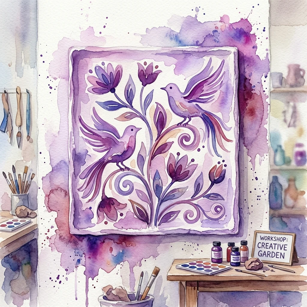 Een aquarelillustratie van een keramisch bas-reliëf met gestileerde paarse vogels en bloemmotieven, tentoongesteld in een kunstwerkplaats met schildermateriaal en een bord met 'Workshop: Creative Garden'.