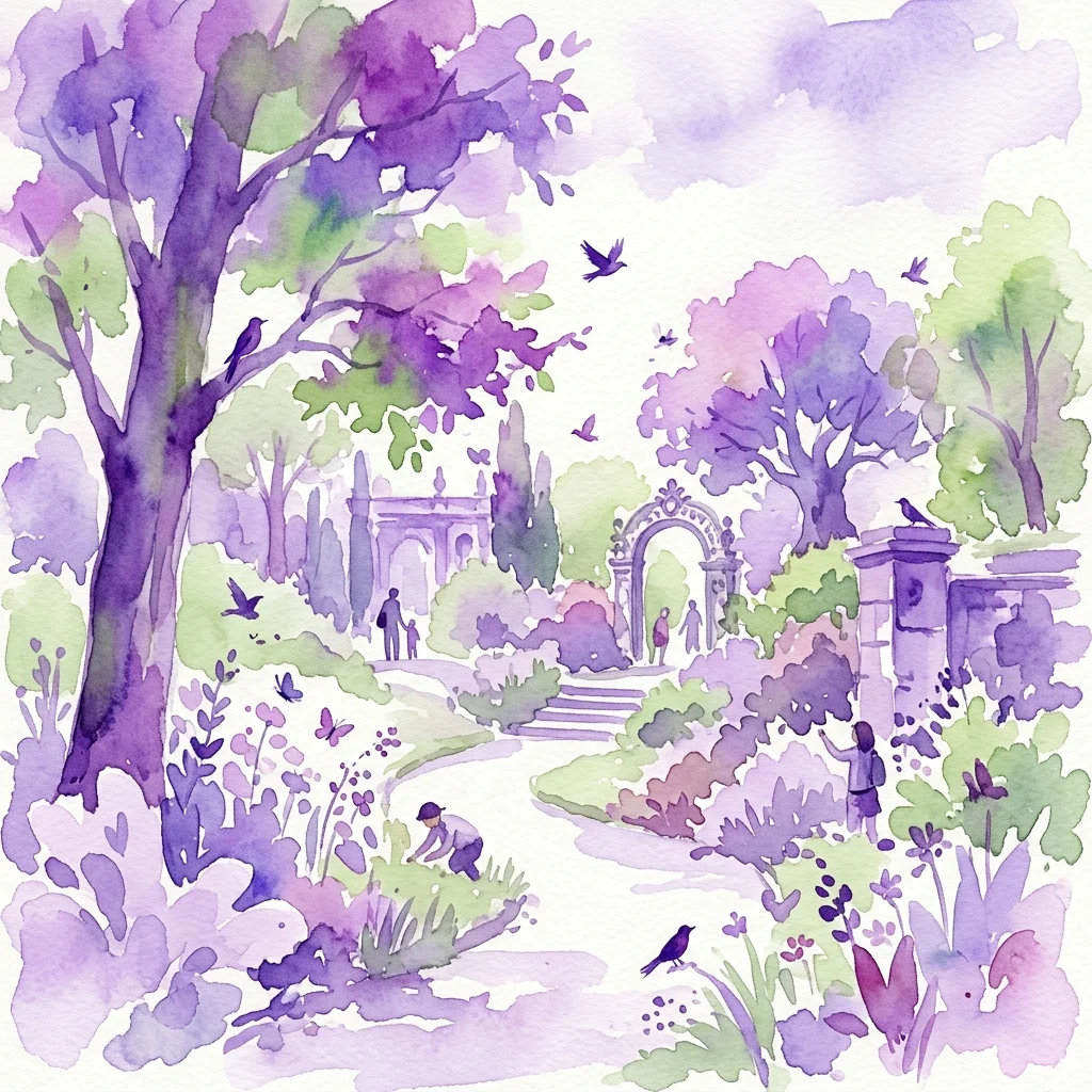Ilustración en acuarela del Parque Real Łazienki con árboles morados y verdes, pájaros, mariposas y visitantes explorando los jardines históricos, destacando eventos de descubrimiento de la naturaleza.