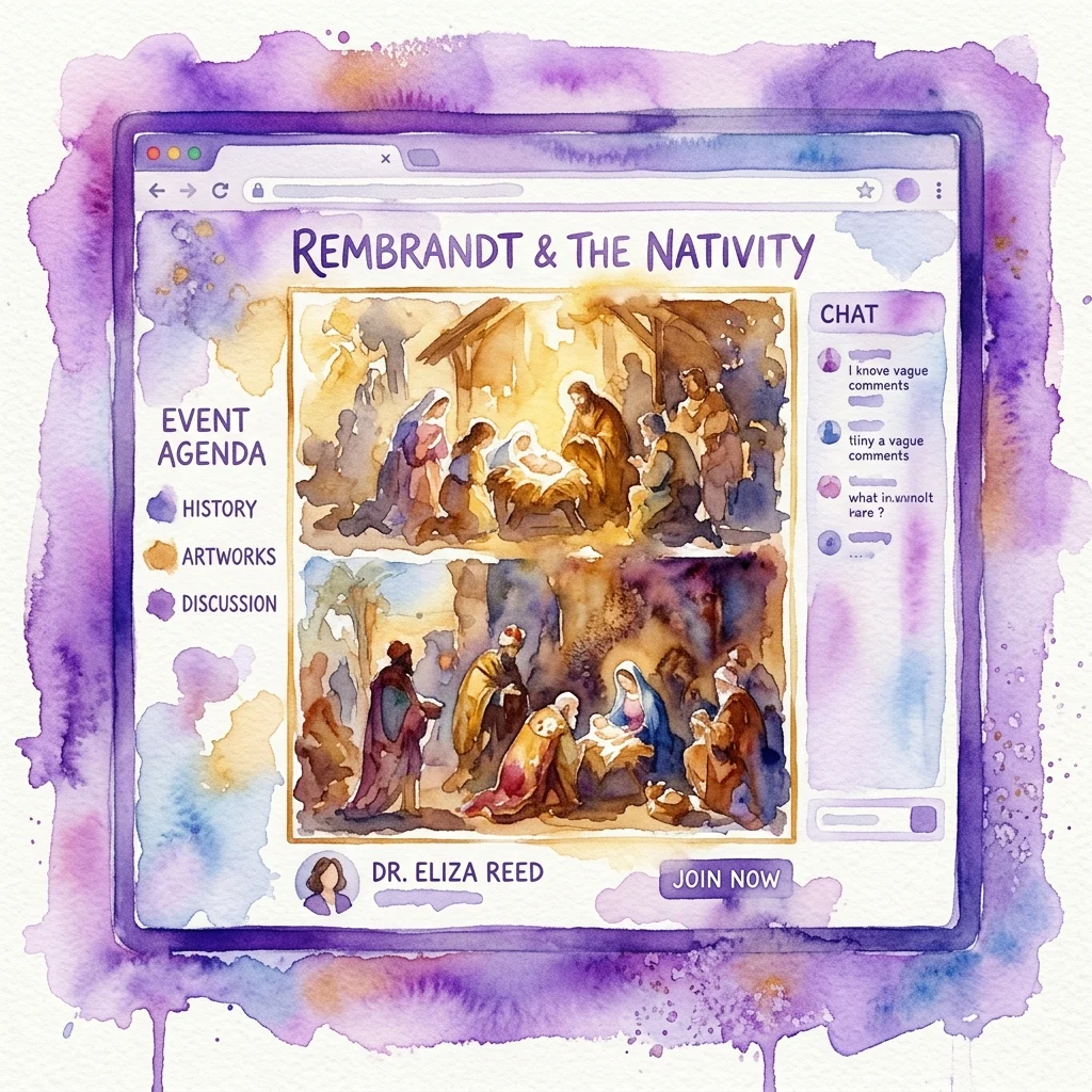 Cyfrowy interfejs wydarzenia "Rembrandt & The Nativity" zawierający akwarelowe przedstawienia sceny narodzenia, agendę wydarzenia, okno czatu oraz przycisk "Dołącz teraz" do dyskusji o sztuce online.