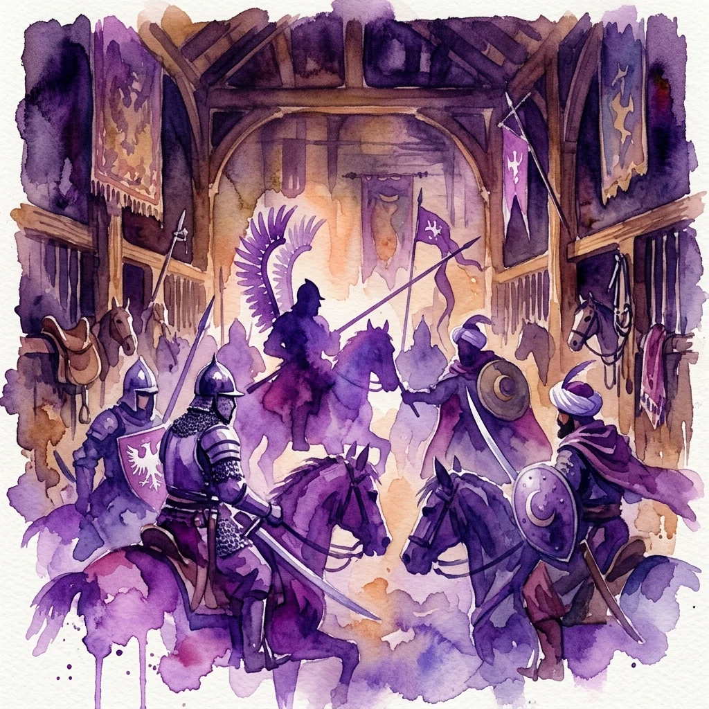 Watercolor illustration of Polish-Lithuanian and Ottoman soldiers on horseback in a stable, showcasing historical armor and weapons from the Battle of Chocim 1621.