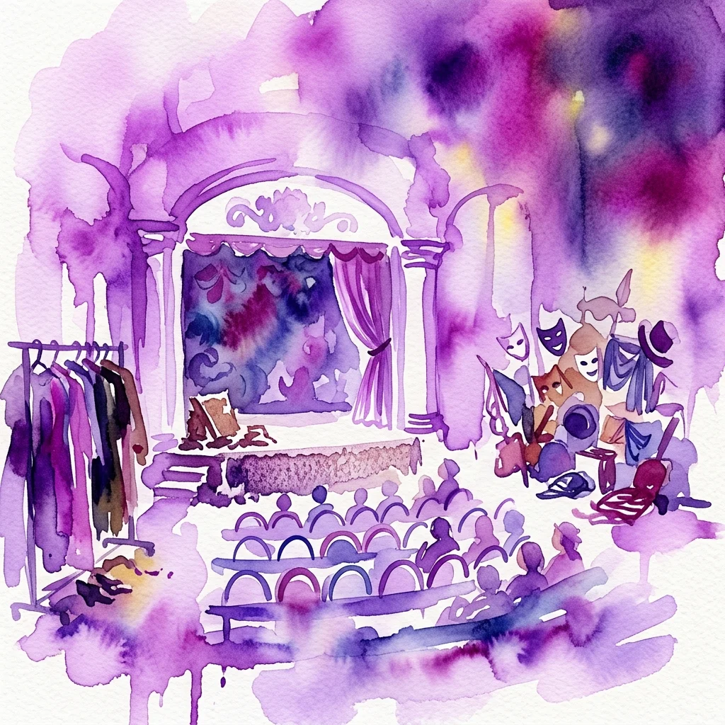 A watercolor illustration of a theatrical space with a stage, audience seating, costume racks, and masks, inspired by Stanisław Wyspiański's creative vision for the 'Co tu grają?' exhibit.