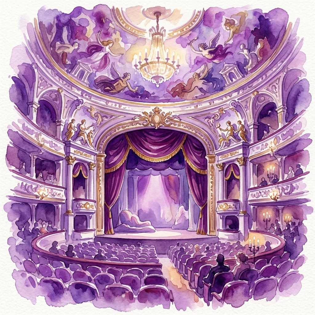 Een aquarelillustratie van het weelderige interieur van het Koninklijk Theater in de Oude Oranjerie, met paarse fluwelen stoelen, een groot podium met rode gordijnen en een fresco plafond met een kroonluchter.