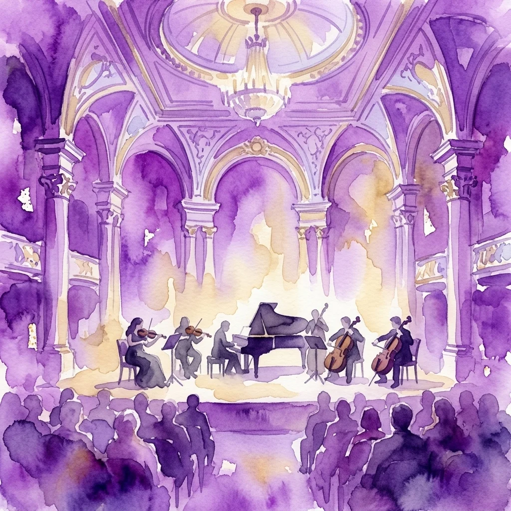 Ilustracja akwarelowa koncertu muzyki klasycznej w Pałacu na Wyspie, przedstawiająca muzyków grających na scenie z fortepianem i instrumentami smyczkowymi, pod ozdobnymi łukami i żyrandolem, ku pamięci prof. Marka Kwiatkowskiego.