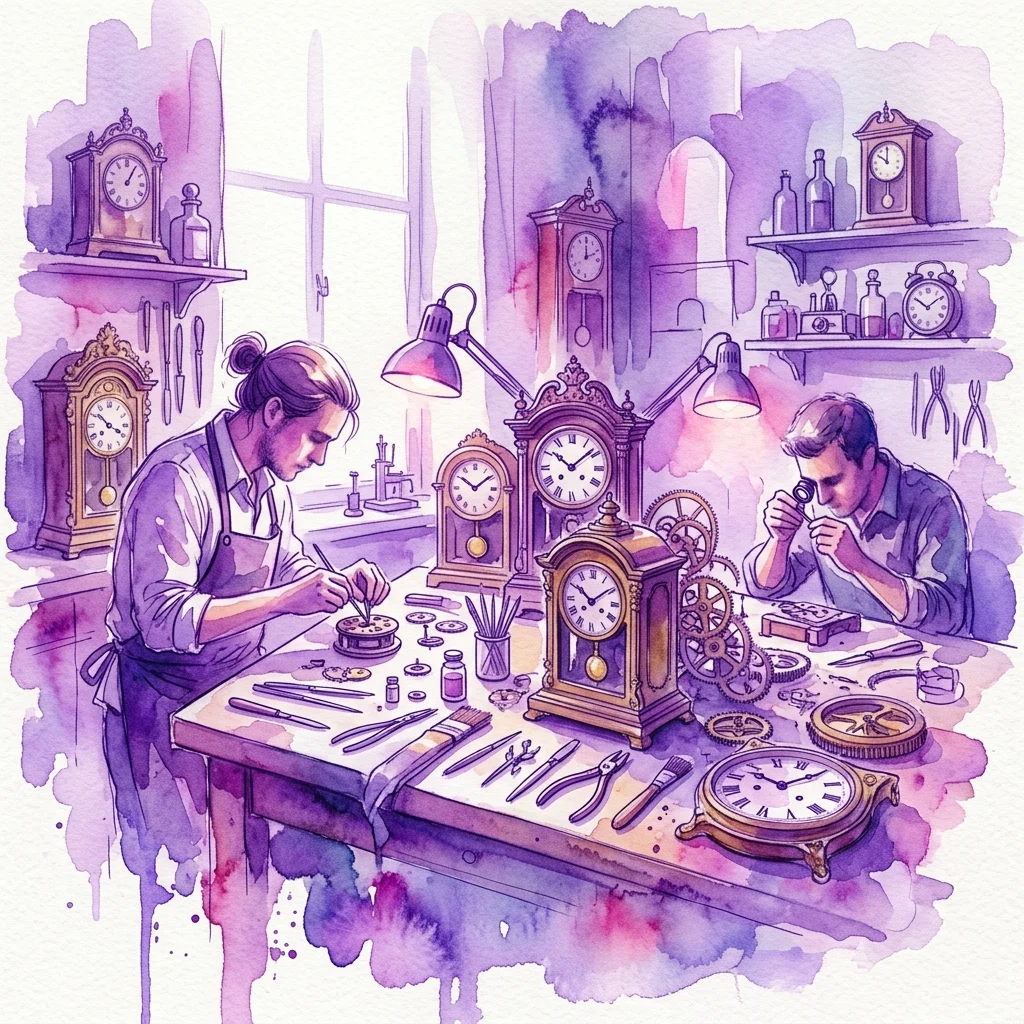 Artistic illustration of clock conservation experts restoring antique timepieces in a workshop, with tools, gears, and ornate clocks under focused lighting.