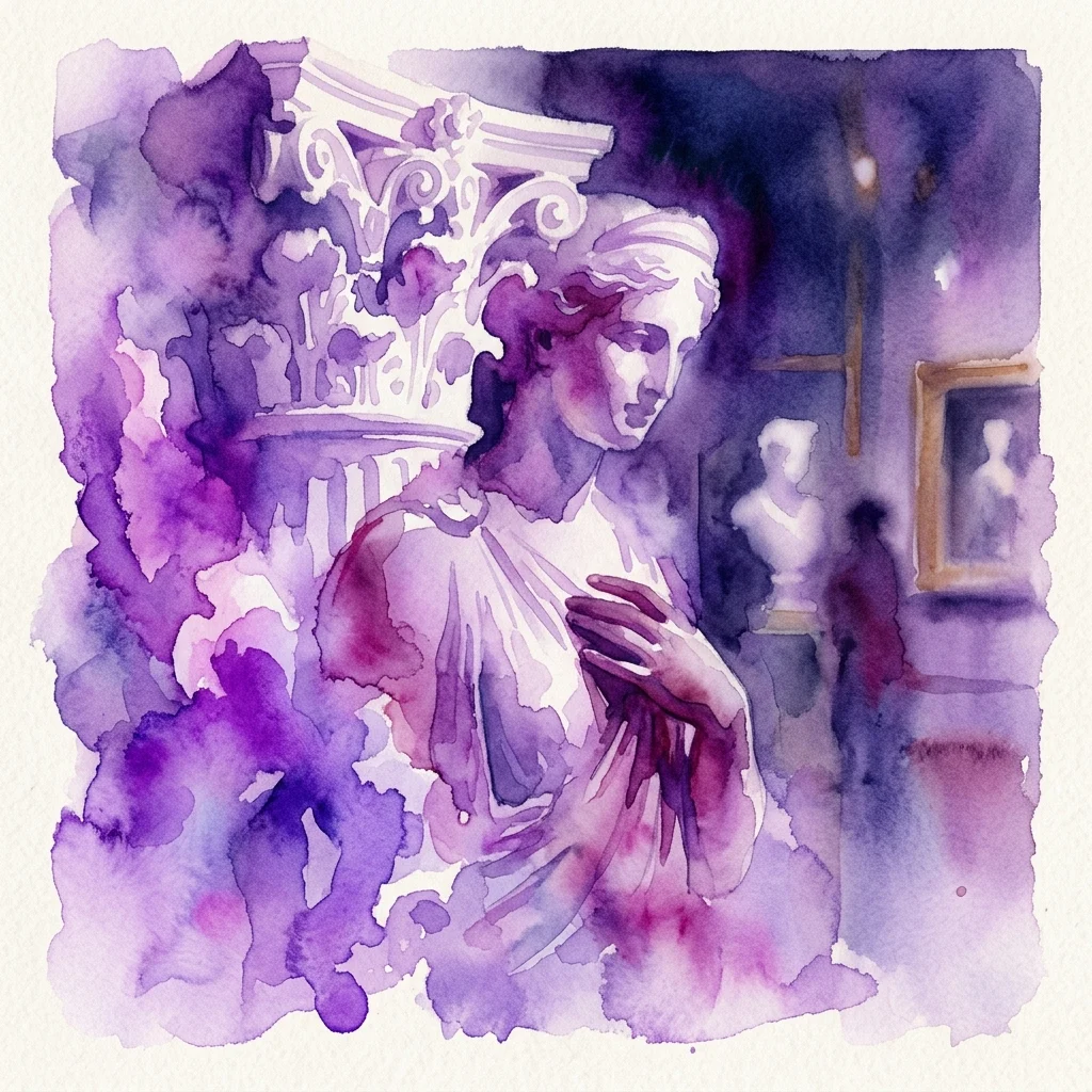 Ilustracja akwarelowa klasycystycznej rzeźby gipsowej w słabo oświetlonej galerii, z fioletowymi i niebieskimi odcieniami podkreślającymi delikatne prace konserwatorskie przy zabytkowych odlewach gipsowych.