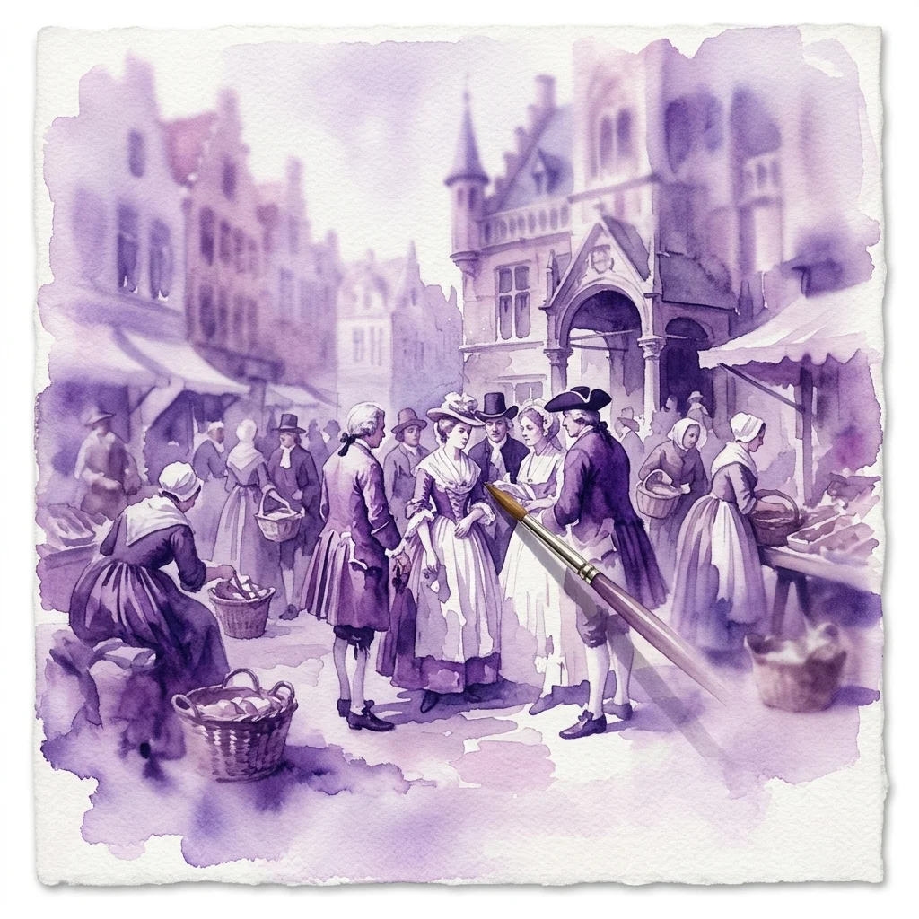 Primer plano de una ilustración en acuarela que representa una escena de mercado flamenco del siglo XVIII con figuras ataviadas de época, realizada en tonos púrpuras, con un pincel que sugiere trabajos de conservación.