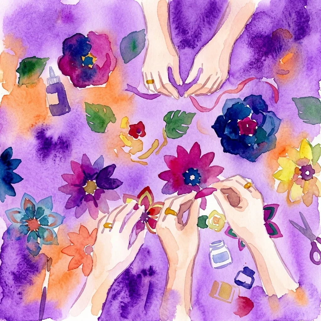 Escena de taller artístico con manos elaborando flores de papel y collages coloridos, inspirados en las diademas florales de Frida Kahlo, sobre un vibrante fondo de acuarela púrpura y naranja.
