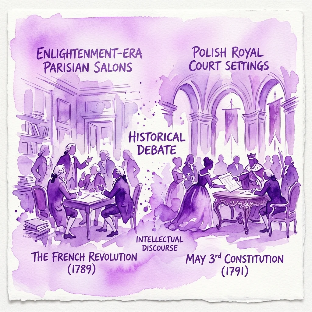 Ilustracja historycznej debaty porównującej Rewolucję Francuską (1789) w paryskich salonach epoki Oświecenia z polską Konstytucją 3 Maja (1791) w scenerii dworskiej, podkreślająca dyskurs intelektualny.